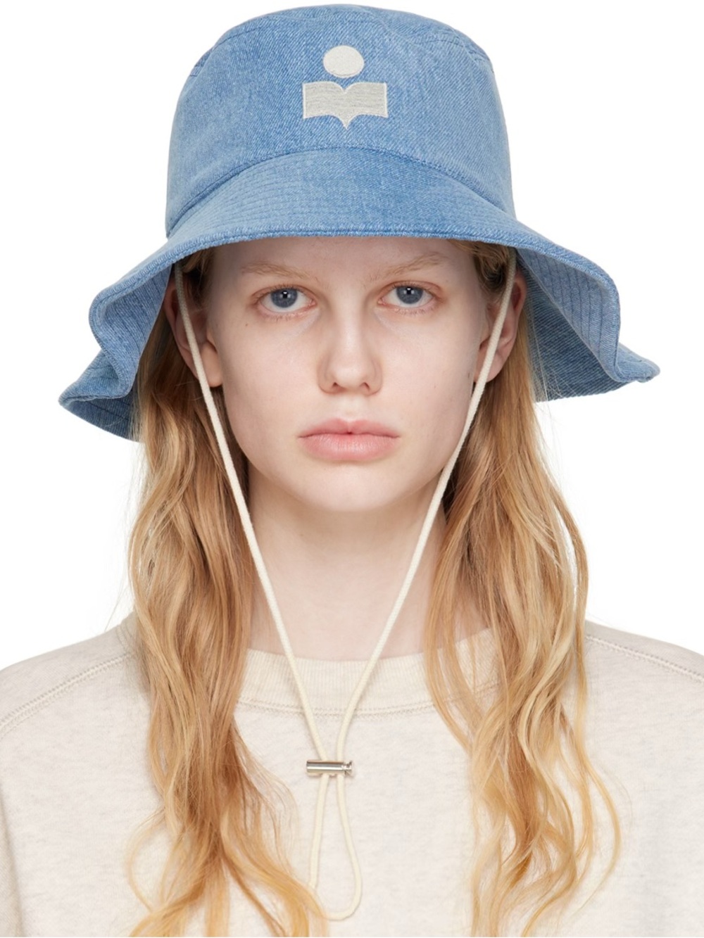 Isabel Marant Delya Blue Denim Bucket Hat with Drawstring